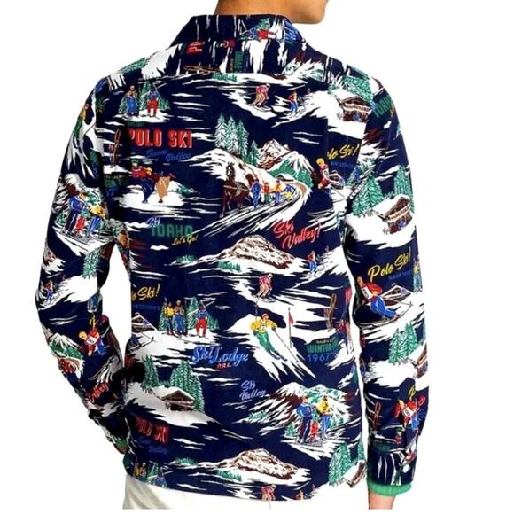 Ralph Lauren Polo Shirt Mens M Ski Lodge AOP Micro Corduroy Outdoors Gorpore - Picture 4 of 10